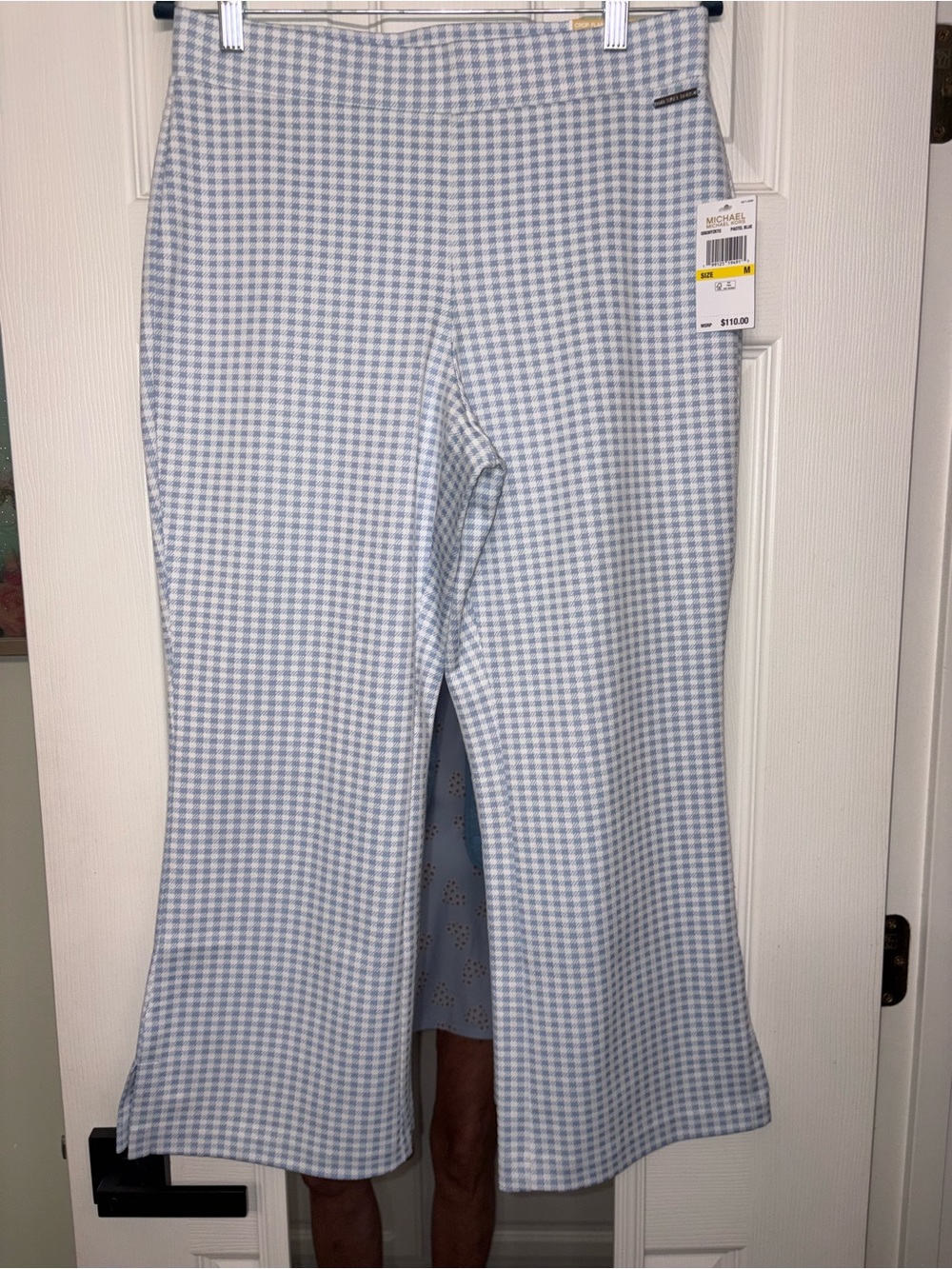 Michael Kors Light Blue & White Cropped Wide-Leg Gingham Pants nwt